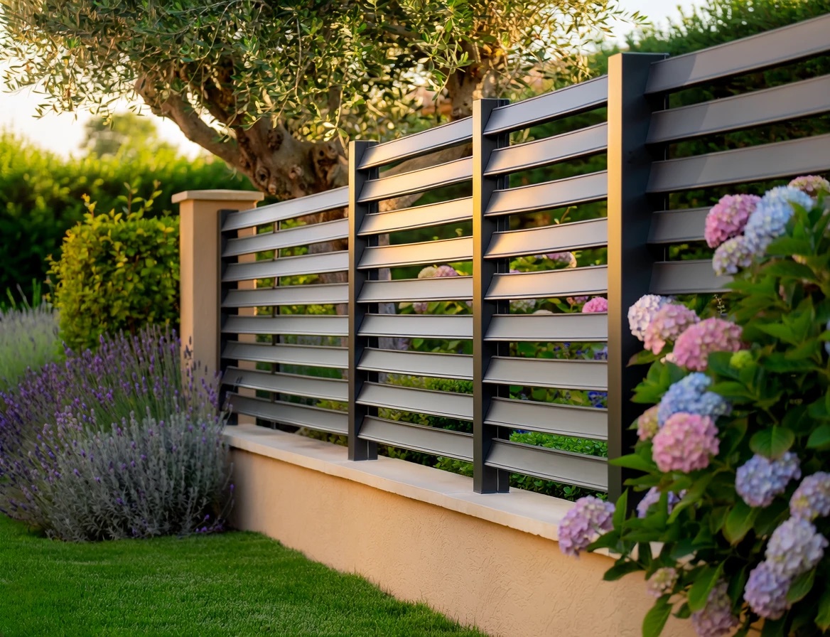 Clôture aluminium à lames persiennes anthracite sur muret, dans un jardin fleuri