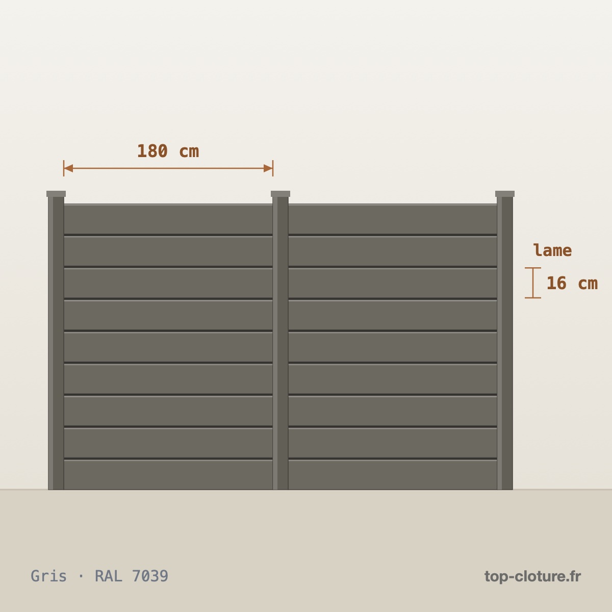 Illustration technique — Clôture aluminium lames pleines — Gamme Top-Clôture — RAL 7039