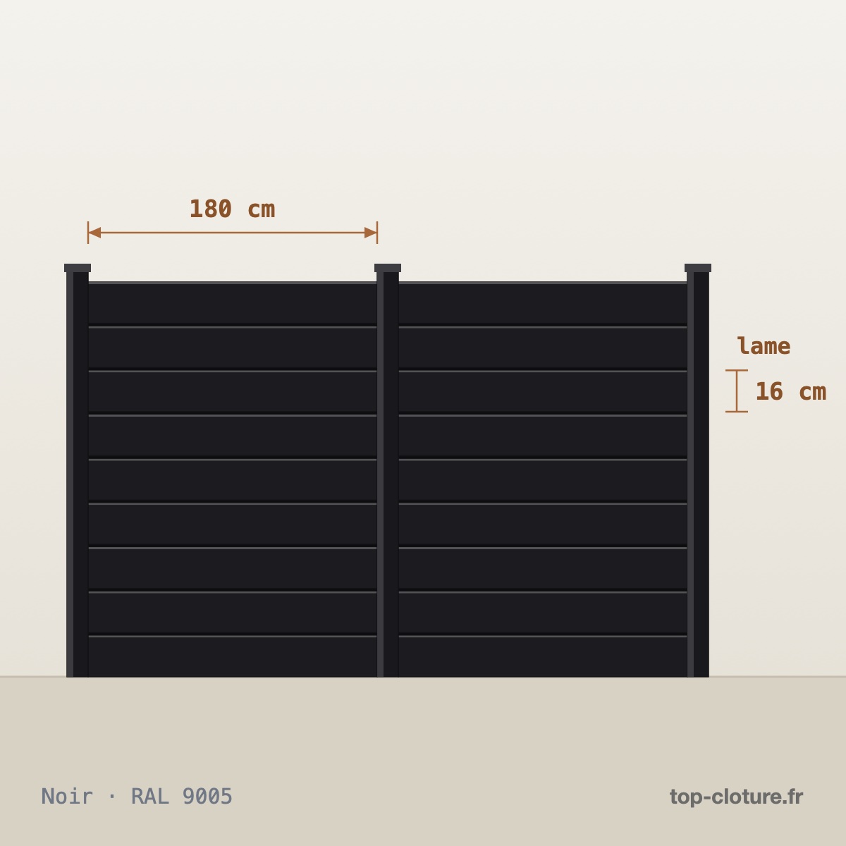 Illustration technique — Clôture aluminium lames pleines — Gamme Top-Clôture — RAL 9005
