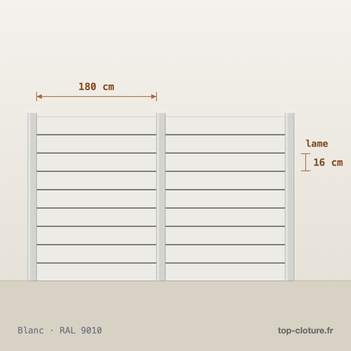 Illustration technique — Clôture aluminium lames pleines — Gamme Top-Clôture — RAL 9010