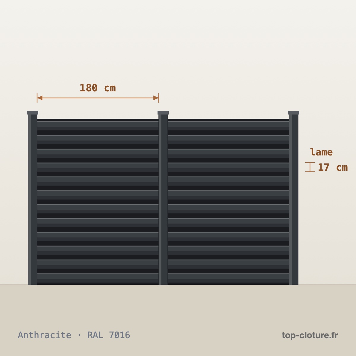 Illustration technique — Clôture aluminium lames persiennes — Gamme Top-Clôture