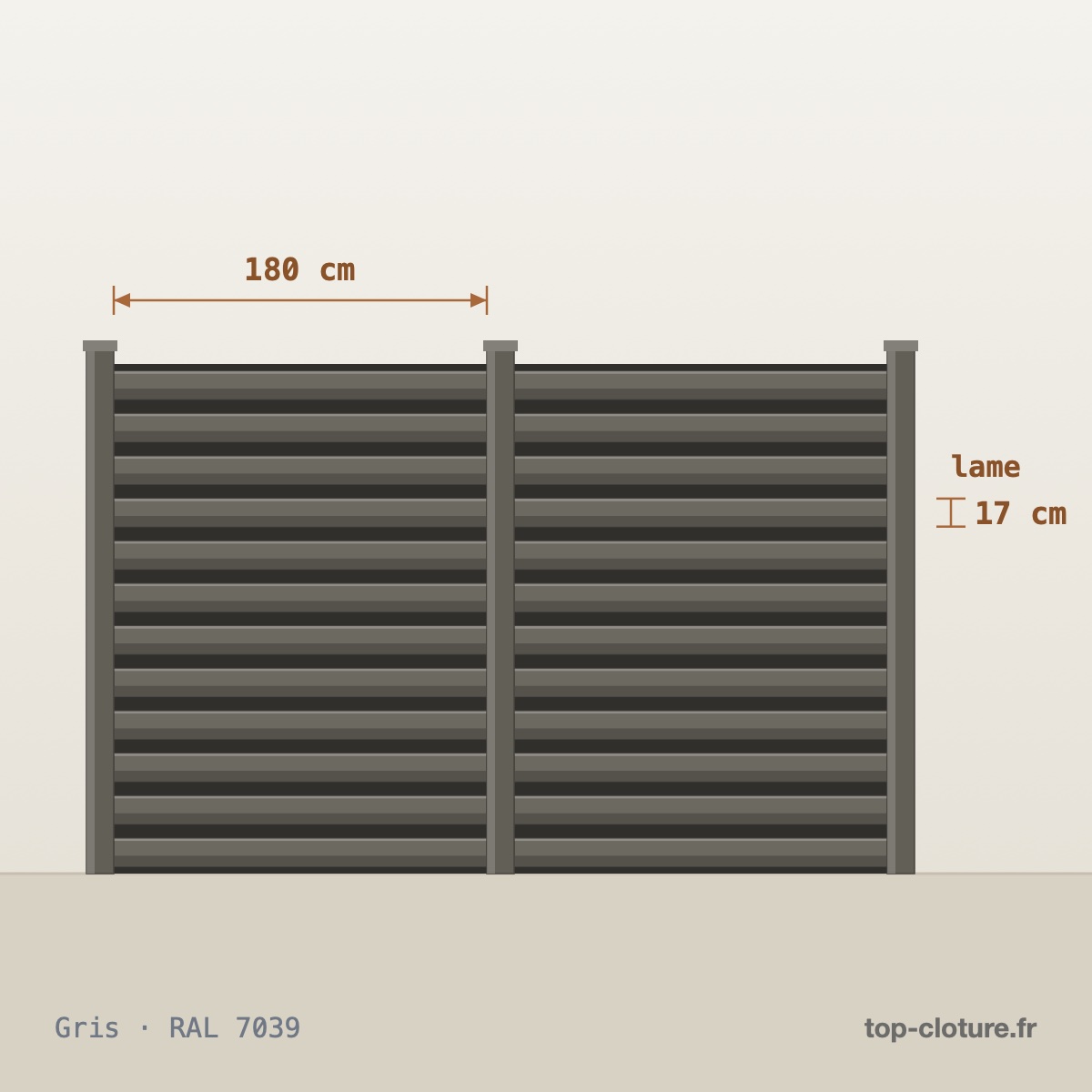 Illustration technique — Clôture aluminium lames persiennes — Gamme Top-Clôture — RAL 7039
