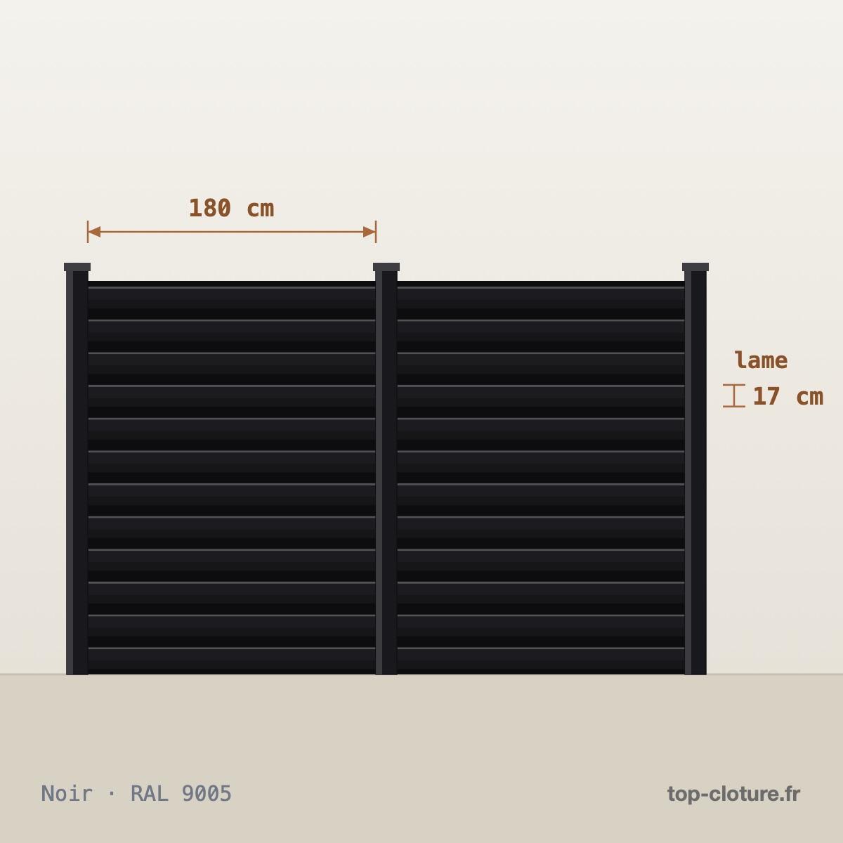 Illustration technique — Clôture aluminium lames persiennes — Gamme Top-Clôture — RAL 9005