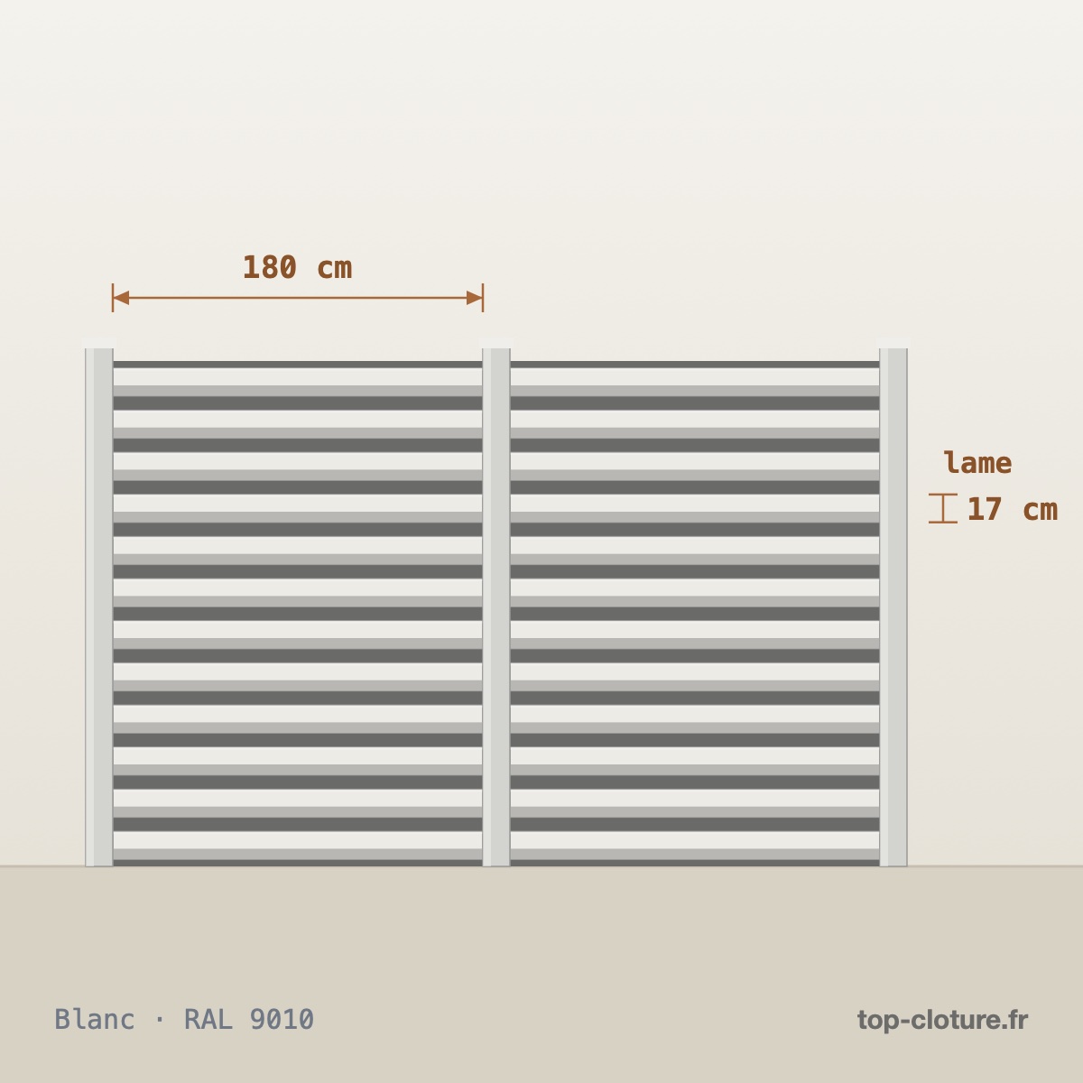 Illustration technique — Clôture aluminium lames persiennes — Gamme Top-Clôture — RAL 9010